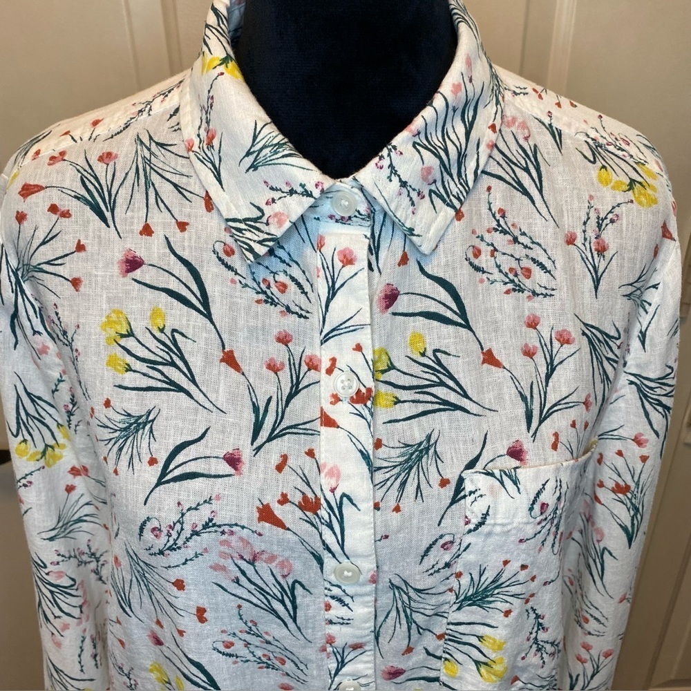 Style & Co Linen Blend Sz Medium Blouse Off White with Multicolored Floral Print